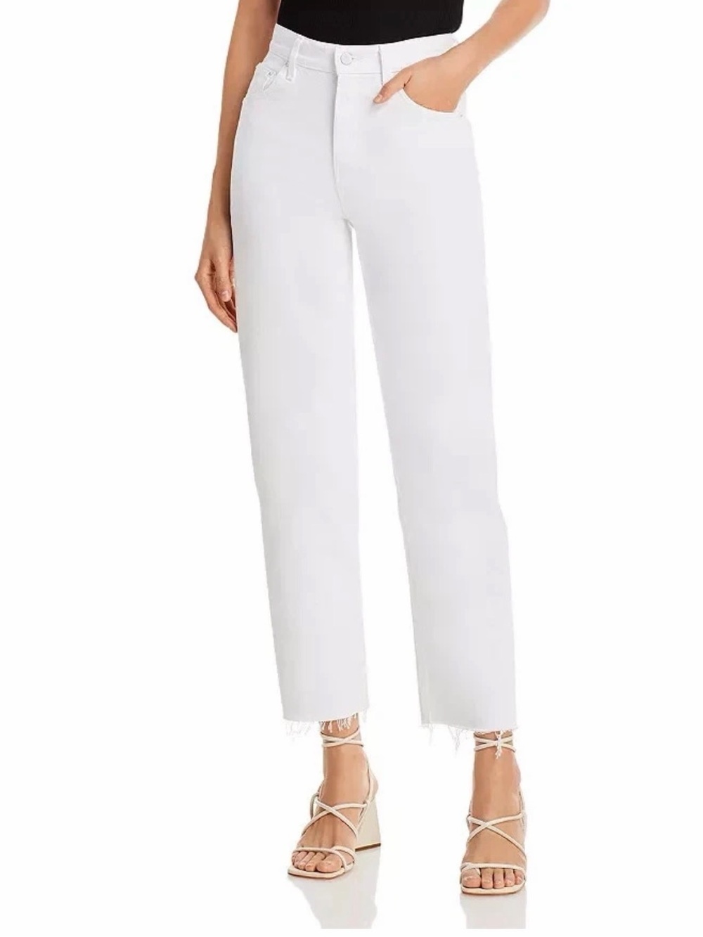 Mother SNACKS Double Stack Hover Fray White High-Rise Straight Jeans Sz 29